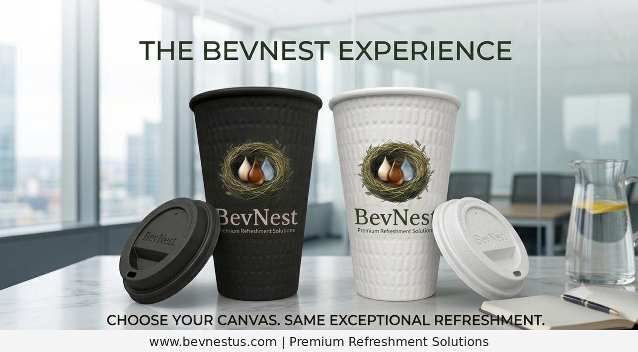 Two BevNest cups — one black, one white — with the BevNest nest logo, under the words The BevNest Experience