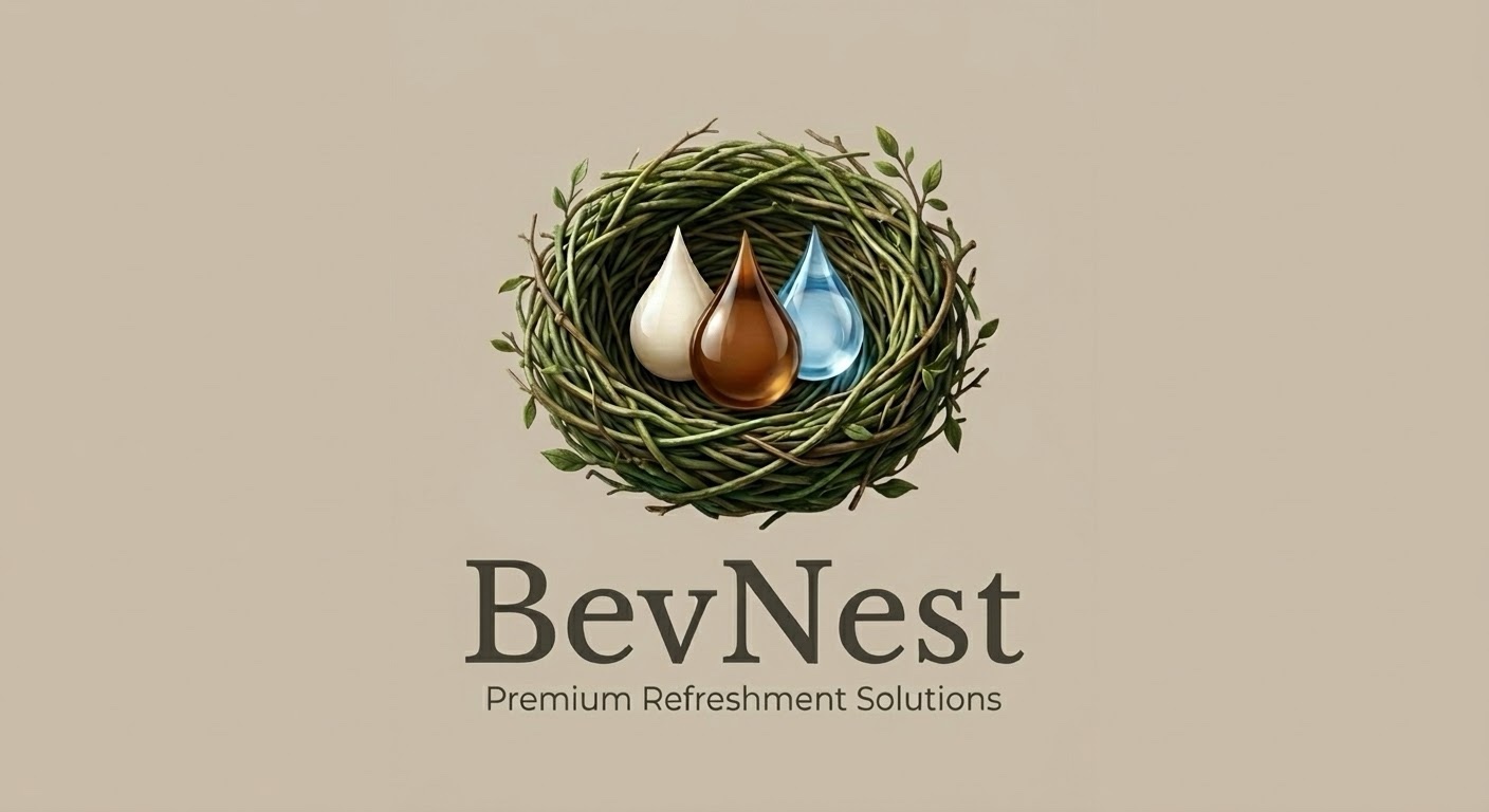 BevNest logo — a woven nest holding three drops: milk, coffee and water — with the words BevNest, Premium Refreshment Solutions