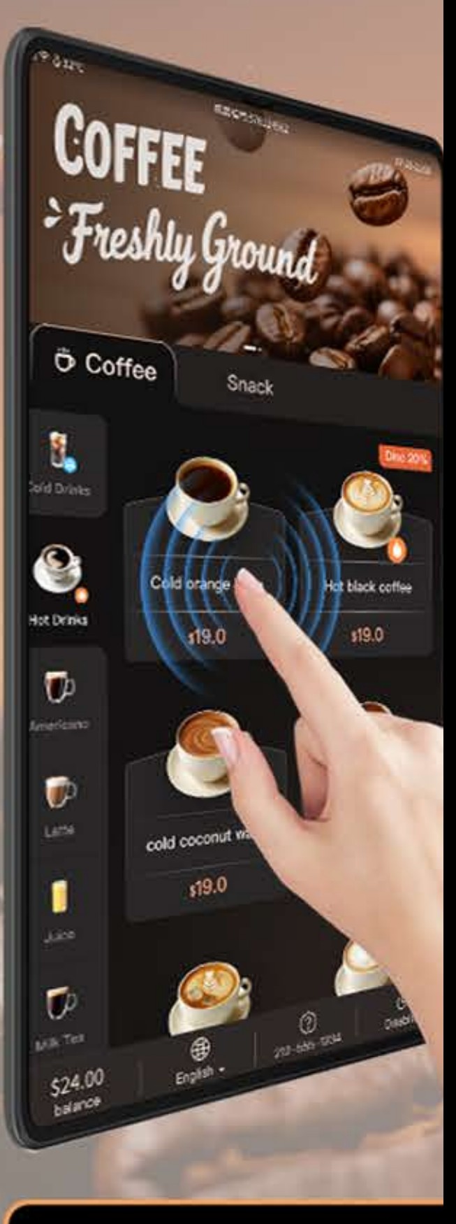 A customer tapping a drink on the Y900's touchscreen menu — cold drinks, hot drinks, americano, latte, juice and milk tea categories