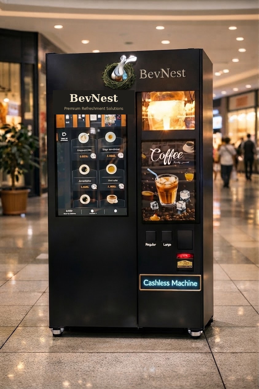 Presentation image of a black BevNest coffee machine standing in a bright shopping mall corridor with stores and shoppers behind it