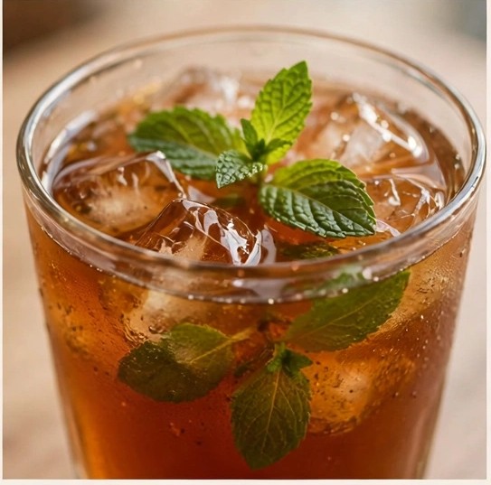 Iced tea in a glass with ice and fresh mint leaves