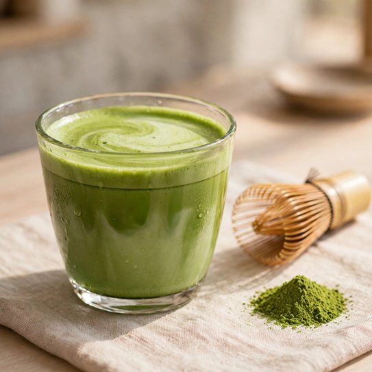 A glass of green matcha with a bamboo whisk and matcha powder beside it