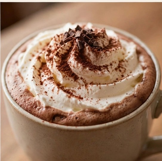 Hot chocolate topped with whipped cream and chocolate shavings