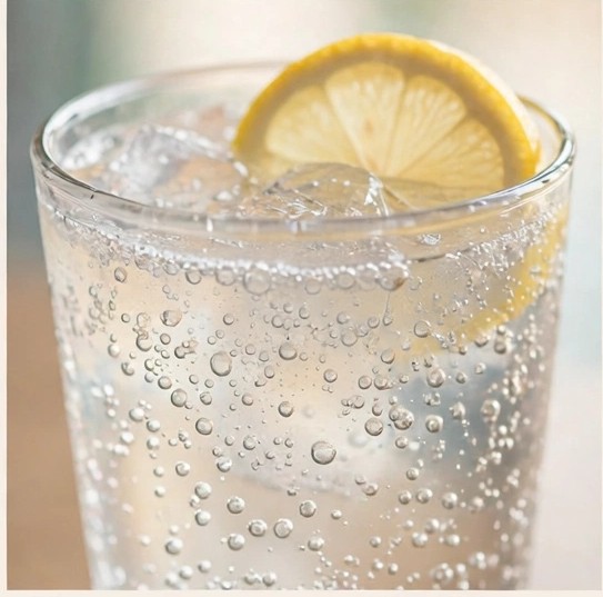 A sparkling drink with ice and a slice of lemon