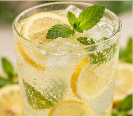 A glass of sparkling lemonade with lemon slices