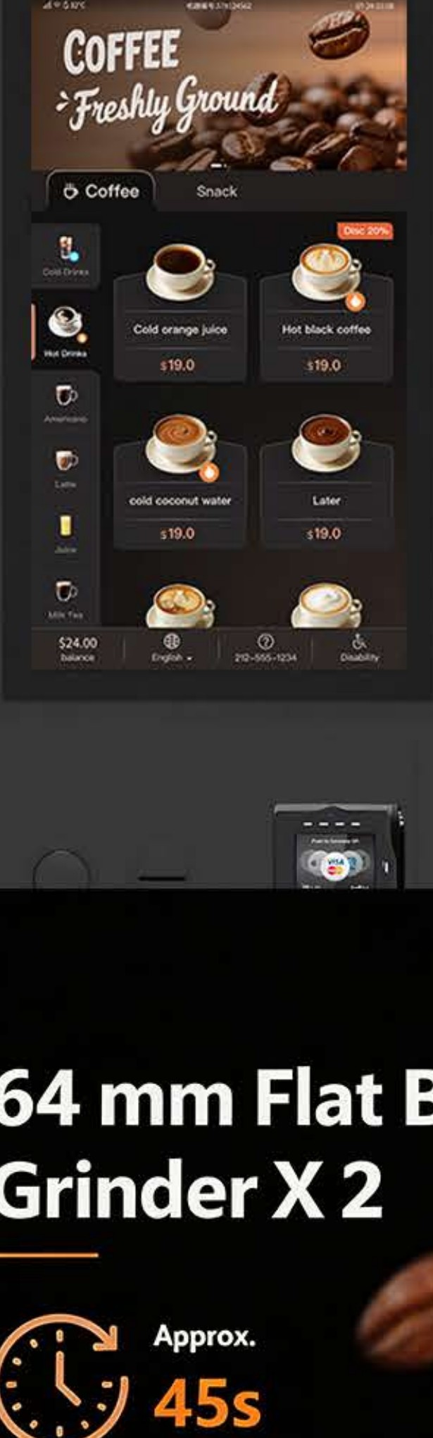The Y900 touchscreen drink menu with hot and cold coffee choices and a card reader beside the screen