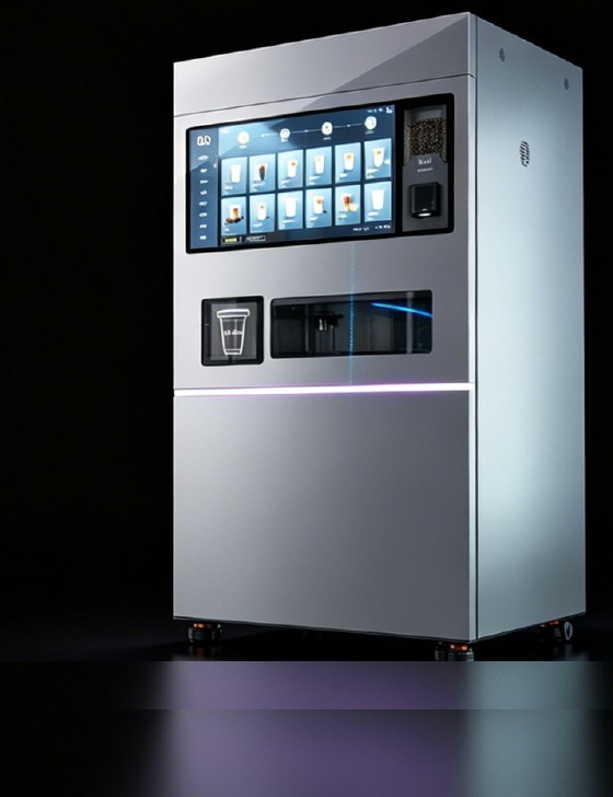 BevNest Model Two — JK89 multi-beverage machine in Nebula Gray with a 32-inch touchscreen menu, automatic cup dispenser and brewing window
