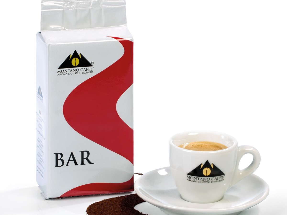 Montano Caffè Bar — ground coffee brick pack for the moka pot, with a cup of espresso
