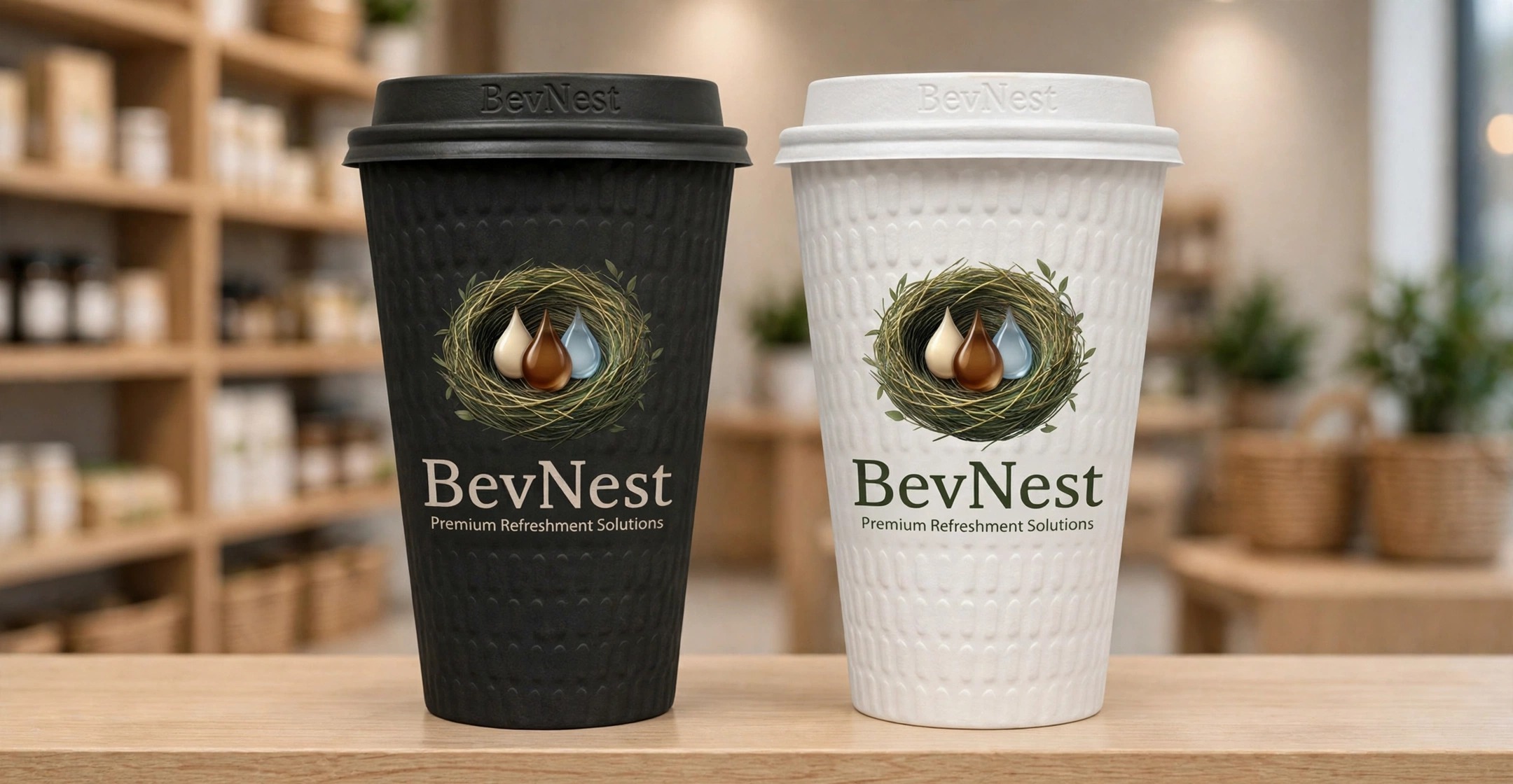 Black and white BevNest cups with lids on, standing separately on a light wooden store shelf
