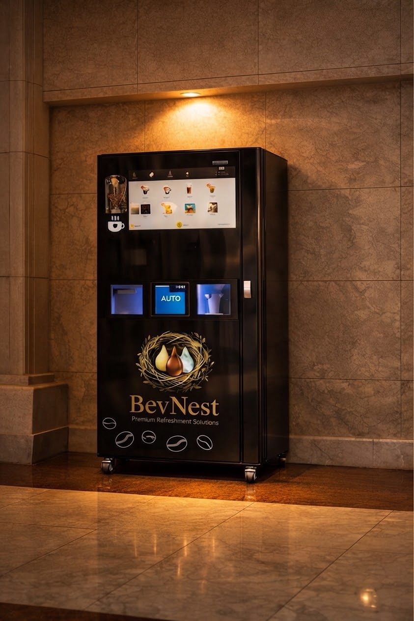 Presentation image of a black BevNest-wrapped coffee machine standing in a marble hotel lobby, lit by a warm wall light