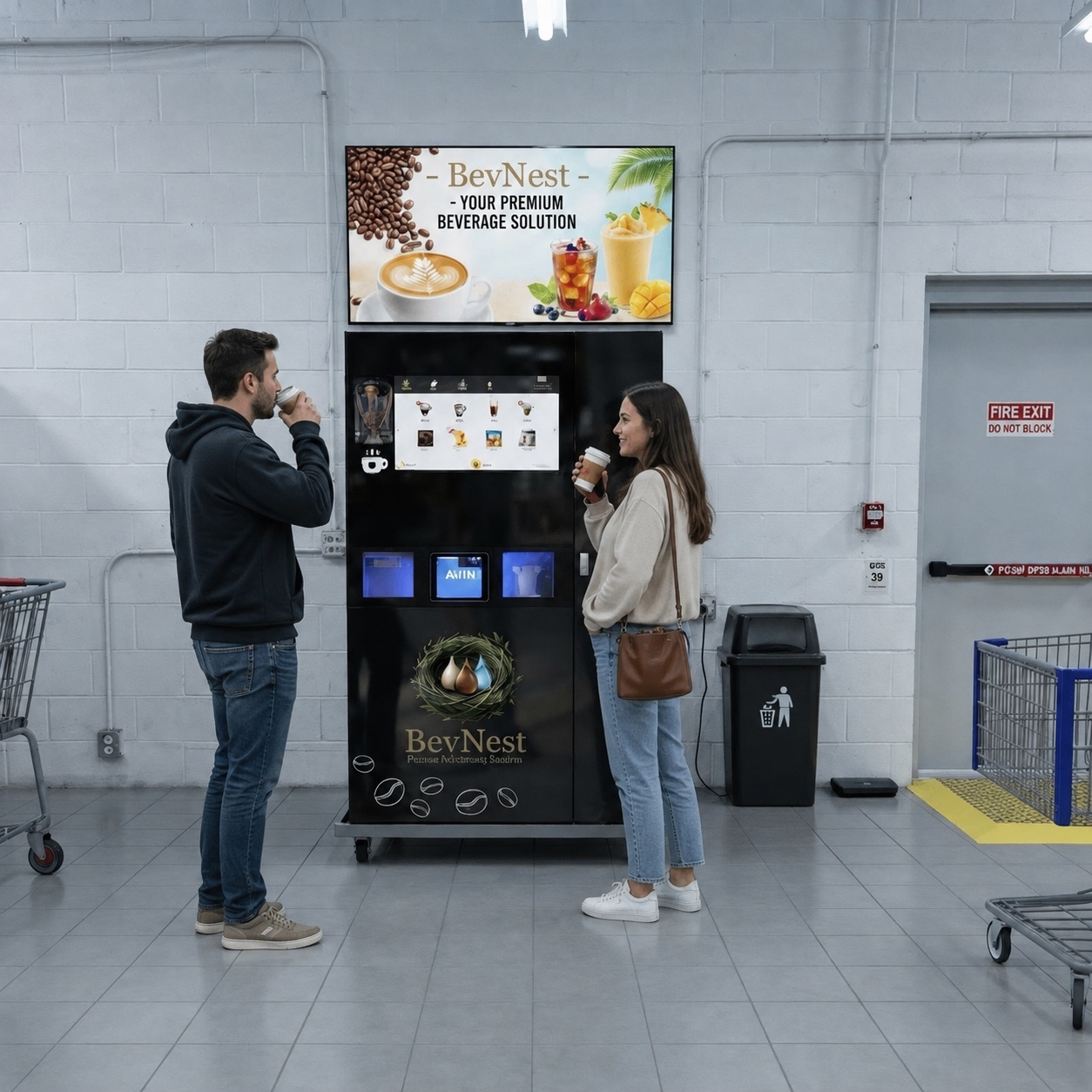 Presentation image of a black BevNest-wrapped coffee machine in a warehouse store, with a man and a woman drinking coffee beside it under a BevNest sign