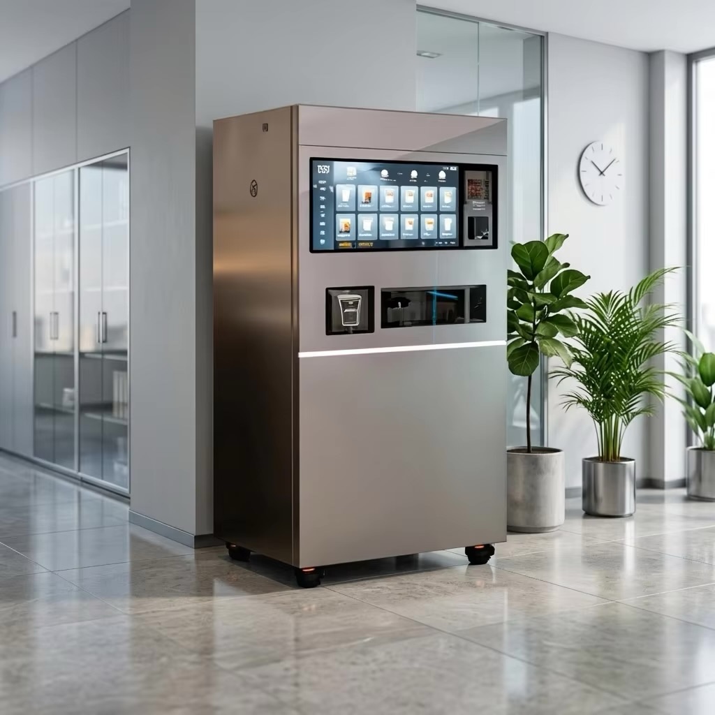 The silver JK89 machine standing in a bright modern office hall with glass walls, potted plants and a wall clock