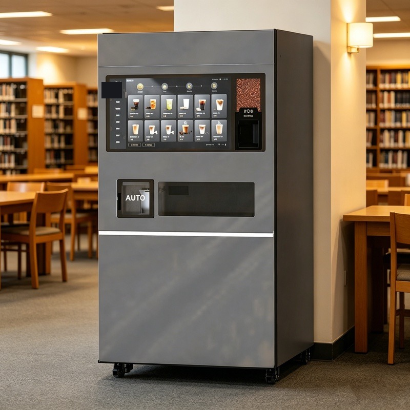 The JK89 machine in Nebula Gray standing in a library reading room, with bookshelves, reading tables and chairs around it